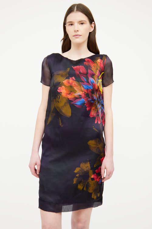 Max Mara Navy Floral Short Sleeve Dress