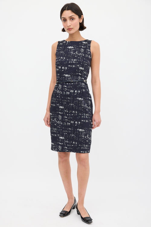 Max Mara Navy 
Grey Printed Belted Sheath Dress