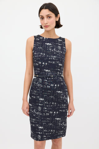 Max Mara Navy 
Grey Printed Belted Sheath Dress