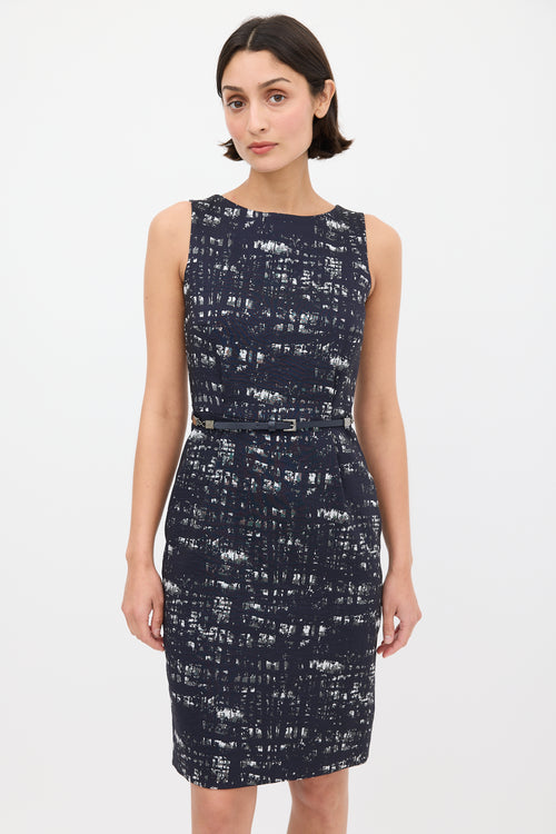 Max Mara Navy 
Grey Printed Belted Sheath Dress