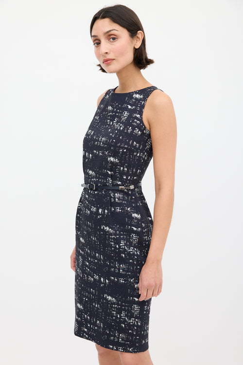 Max Mara Navy 
Grey Printed Belted Sheath Dress