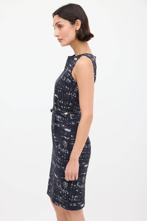 Max Mara Navy 
Grey Printed Belted Sheath Dress