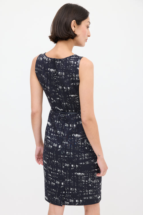 Max Mara Navy 
Grey Printed Belted Sheath Dress