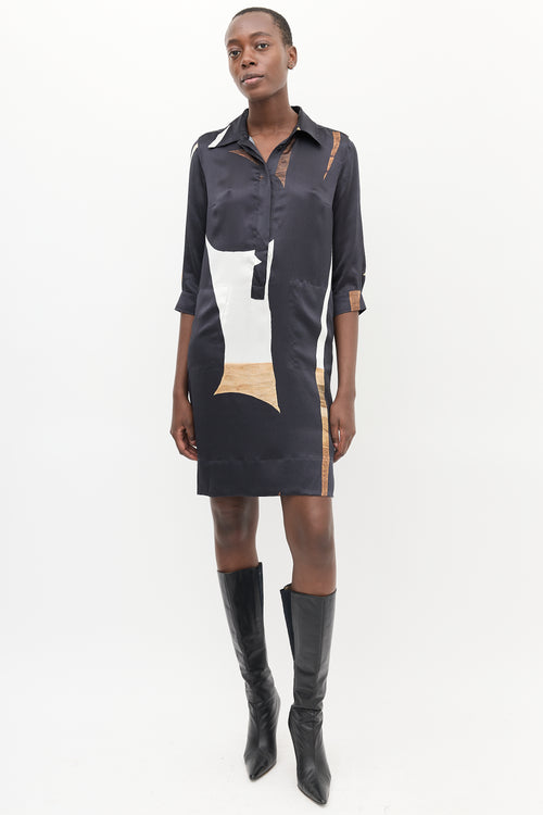 Max Mara Navy 
Multi Silk Geometric Printed Dress