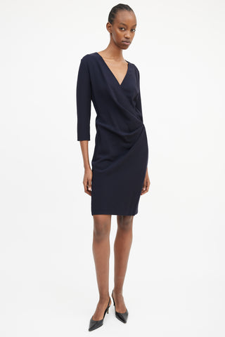 Max Mara Navy Pleated Wrap Front Dress