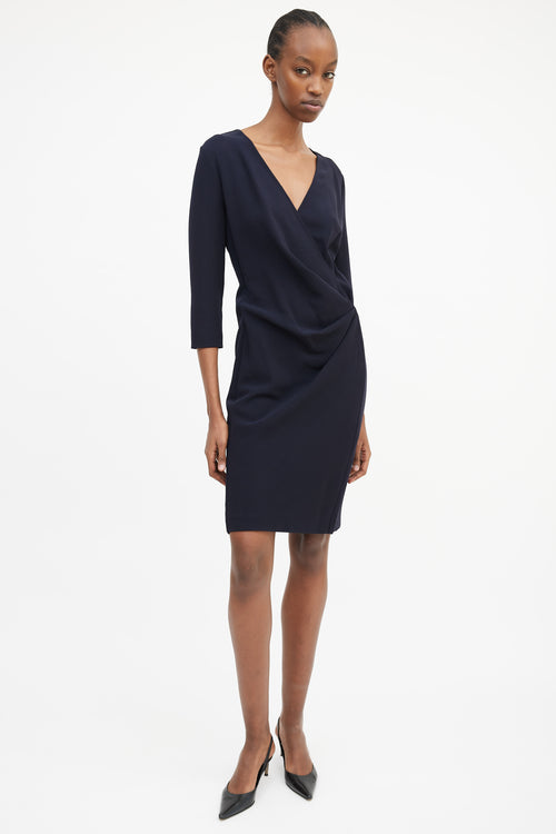 Max Mara Navy Pleated Wrap Front Dress