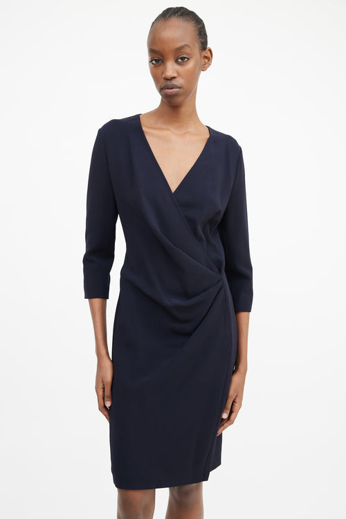 Max Mara Navy Pleated Wrap Front Dress