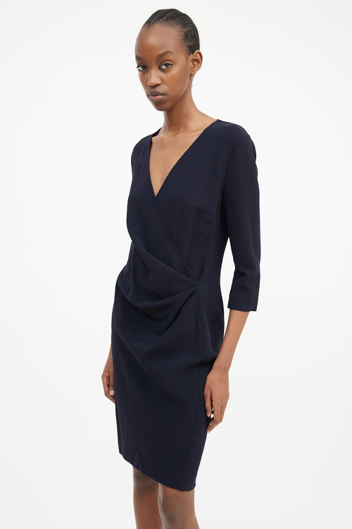 Max Mara Navy Pleated Wrap Front Dress