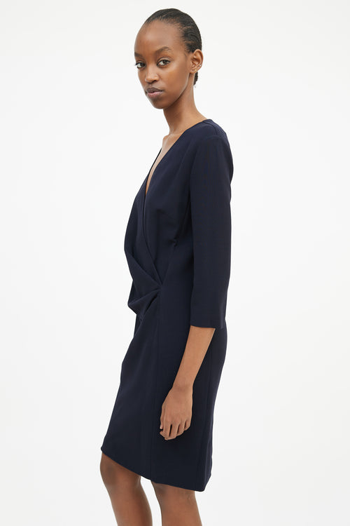 Max Mara Navy Pleated Wrap Front Dress