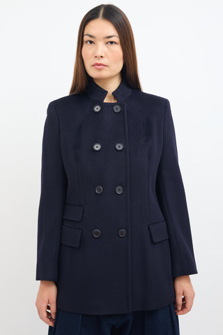 Max Mara Navy Wool Stand Collar Coat