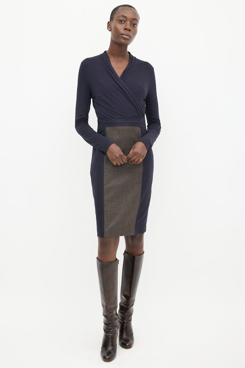 Max Mara Navy 
Brown Panelled Faux Wrap Midi Dress