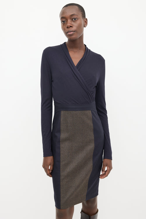 Max Mara Navy 
Brown Panelled Faux Wrap Midi Dress