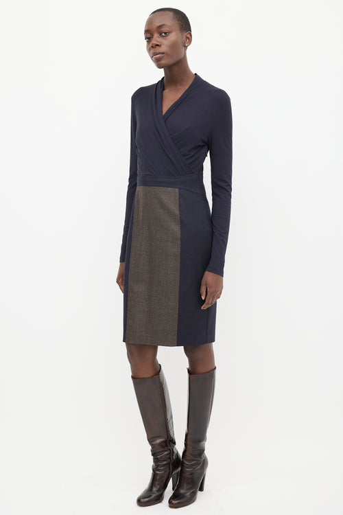 Max Mara Navy 
Brown Panelled Faux Wrap Midi Dress