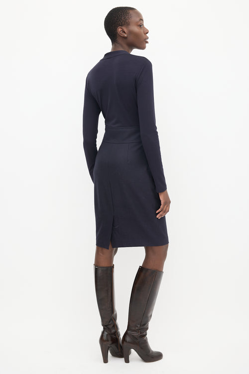 Max Mara Navy 
Brown Panelled Faux Wrap Midi Dress