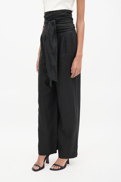 Max Mara Puro Lino black Linen Tie Waist Pant