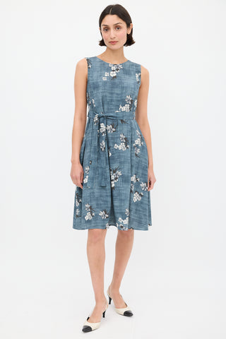 Max Mara S Blue 
White Floral Tie Waist Shift Dress