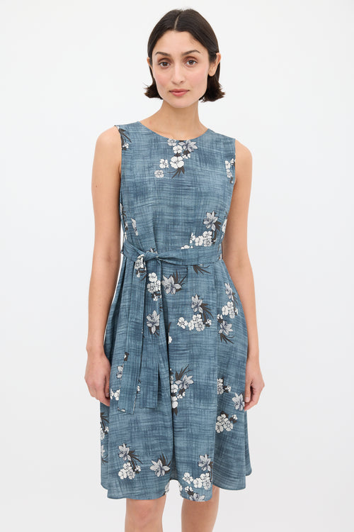 Max Mara S Blue 
White Floral Tie Waist Shift Dress