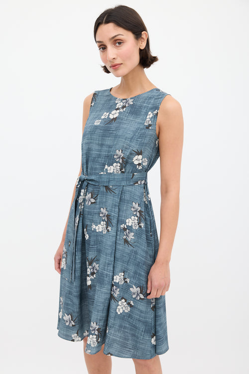 Max Mara S Blue 
White Floral Tie Waist Shift Dress