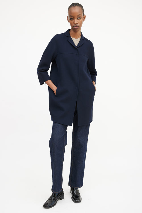 Max Mara S Navy Wool Three Quarter Sleeve Coat