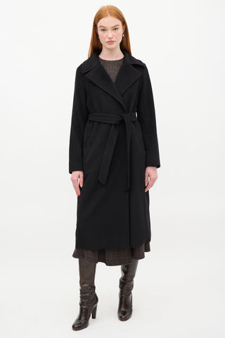 Max Mara Studio Black Wool Belted Double Breasted Long Coat