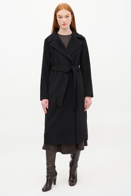 Max Mara Studio Black Wool Belted Double Breasted Long Coat