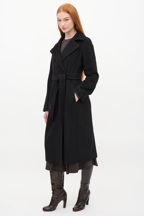 Max Mara Studio Black Wool Belted Double Breasted Long Coat