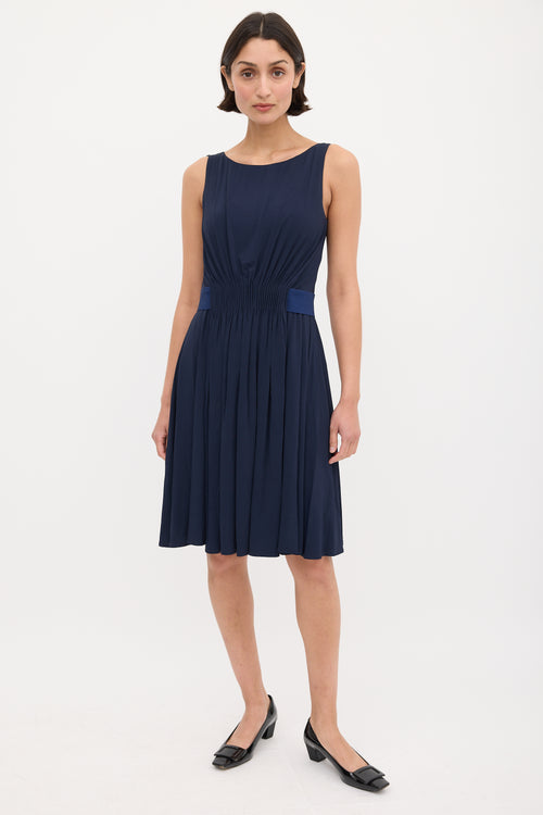 Max Mara Studio Navy Gathered Waist Midi Dress