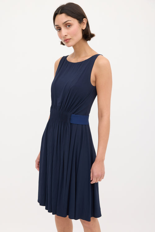 Max Mara Studio Navy Gathered Waist Midi Dress