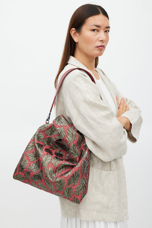 Max Mara Weekend Red 
Green Leaf Brocade Tote Bag