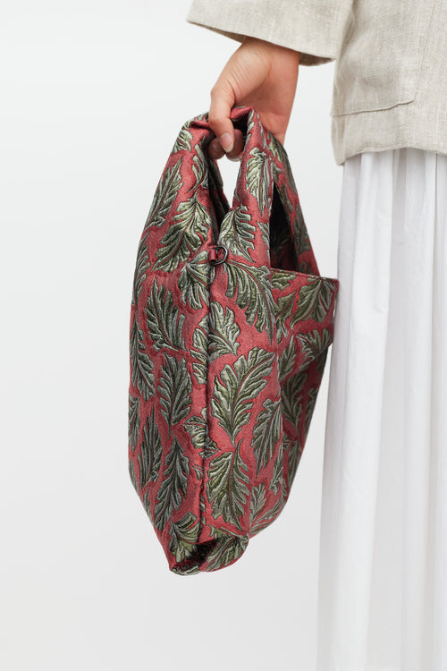 Max Mara Weekend Red 
Green Leaf Brocade Tote Bag