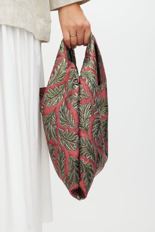 Max Mara Weekend Red 
Green Leaf Brocade Tote Bag