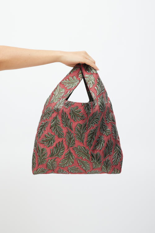 Max Mara Weekend Red 
Green Leaf Brocade Tote Bag