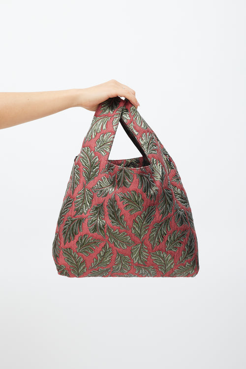 Max Mara Weekend Red 
Green Leaf Brocade Tote Bag