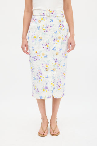 Max Mara White 
Multicolour Cotton Floral Belted Skirt