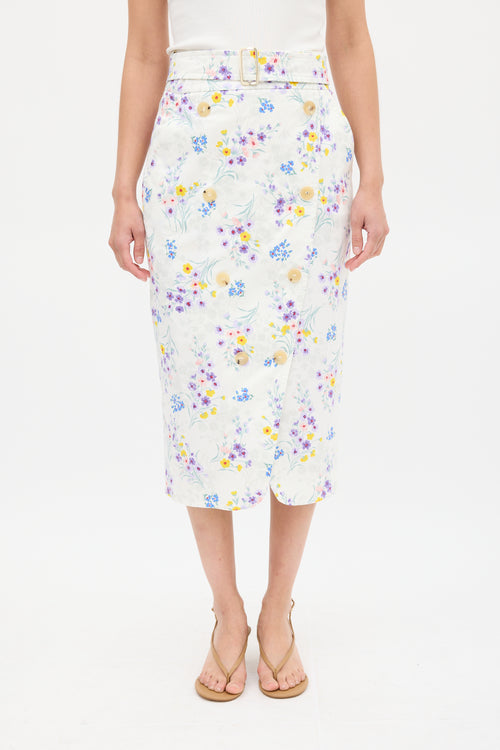 Max Mara White 
Multicolour Cotton Floral Belted Skirt