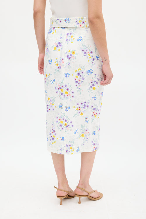 Max Mara White 
Multicolour Cotton Floral Belted Skirt