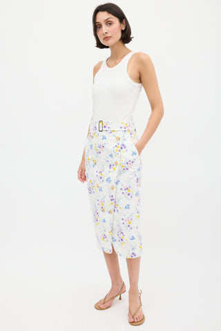 Max Mara White 
Multicolour Cotton Floral Belted Skirt