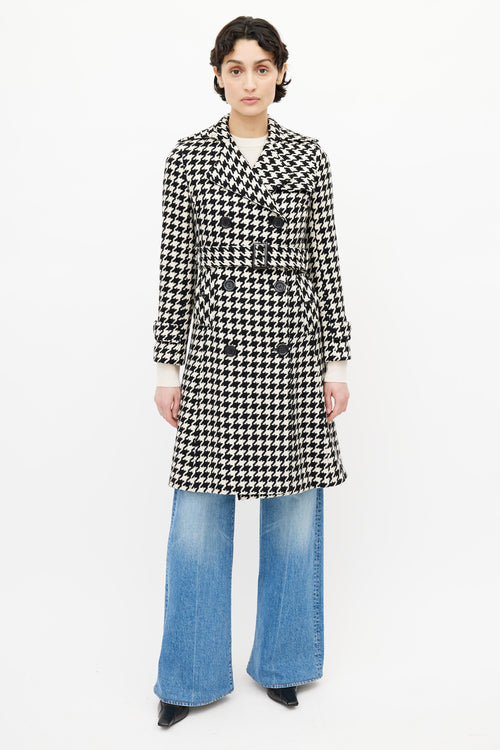 Max Mara Black 
White Belted Houndstooth Coat