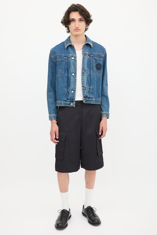 McQ Medium Wash 
Black Embroidered Denim Jacket