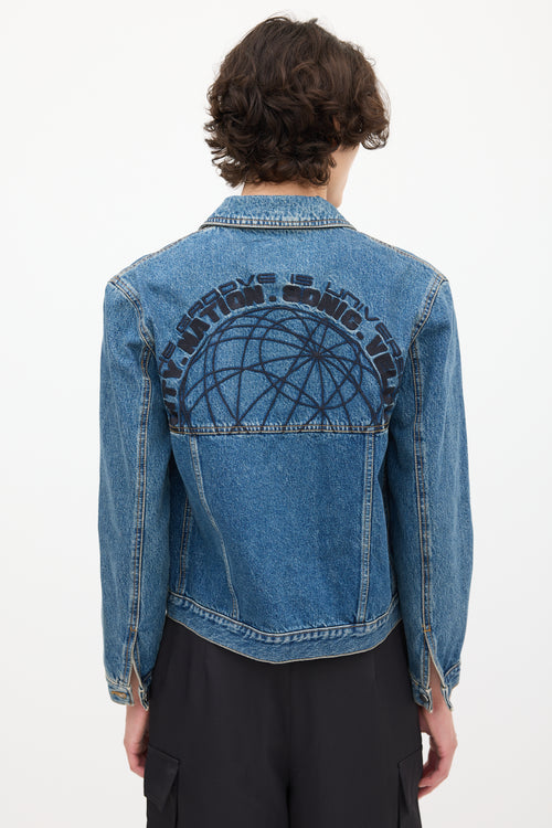 McQ Medium Wash 
Black Embroidered Denim Jacket