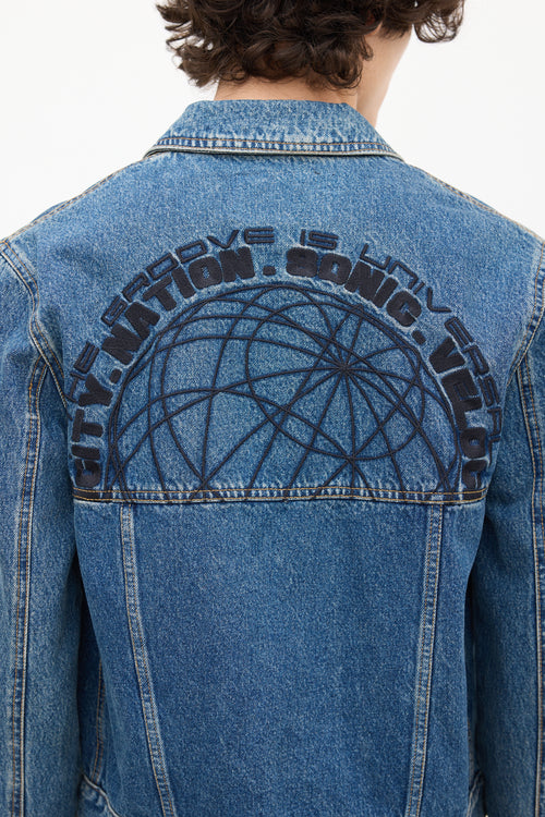 McQ Medium Wash 
Black Embroidered Denim Jacket