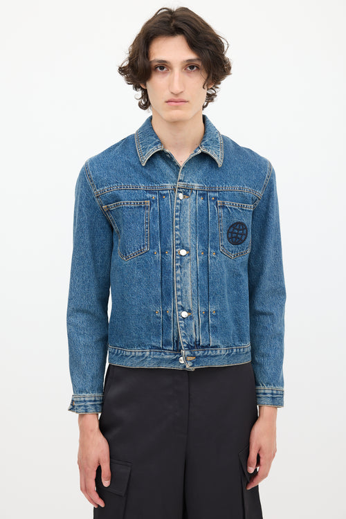 McQ Medium Wash 
Black Embroidered Denim Jacket