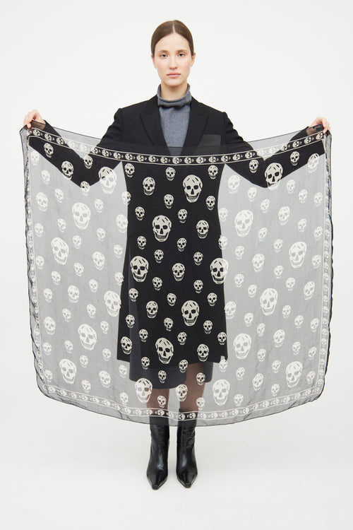 Alexander McQueen Black 
White Skull Silk Scarf