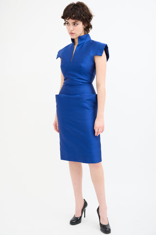 Alexander McQueen Blue Silk Structured Short Sleeve Dress