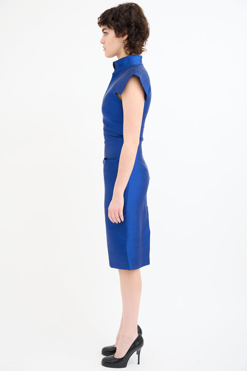 Alexander McQueen Blue Silk Structured Short Sleeve Dress