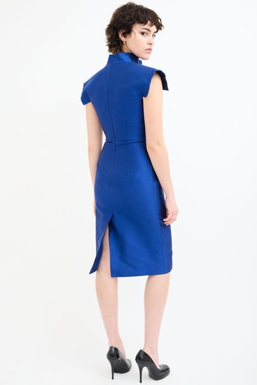 Alexander McQueen Blue Silk Structured Short Sleeve Dress