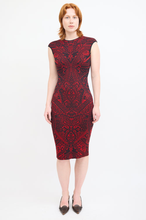 Alexander Mcqueen Red 
Black Knit Lace Midi Dress