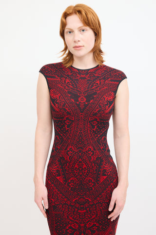 Alexander Mcqueen Red 
Black Knit Lace Midi Dress