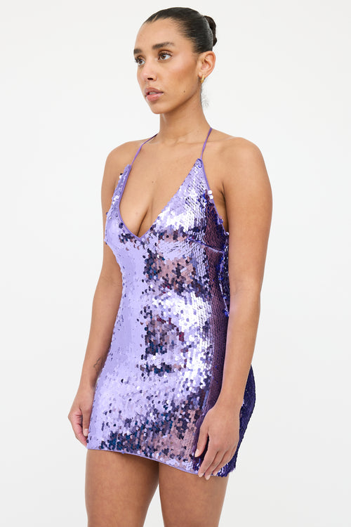 Michael Costella Purple Sequin Backless Mini Dress