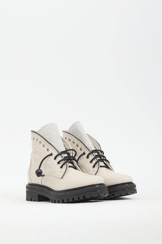 Michele Lopriore Cream Leather Strass Combat Boot